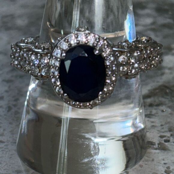 New 925 silver STS medium blue sapphire/ CZ cushion/halo ring Sz 9 fancy setting - Picture 11 of 11